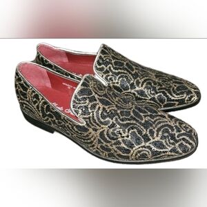 Alberto Fellini Sparko Gold/Black Brocade Loafers - Size 10 - EXCELLENT